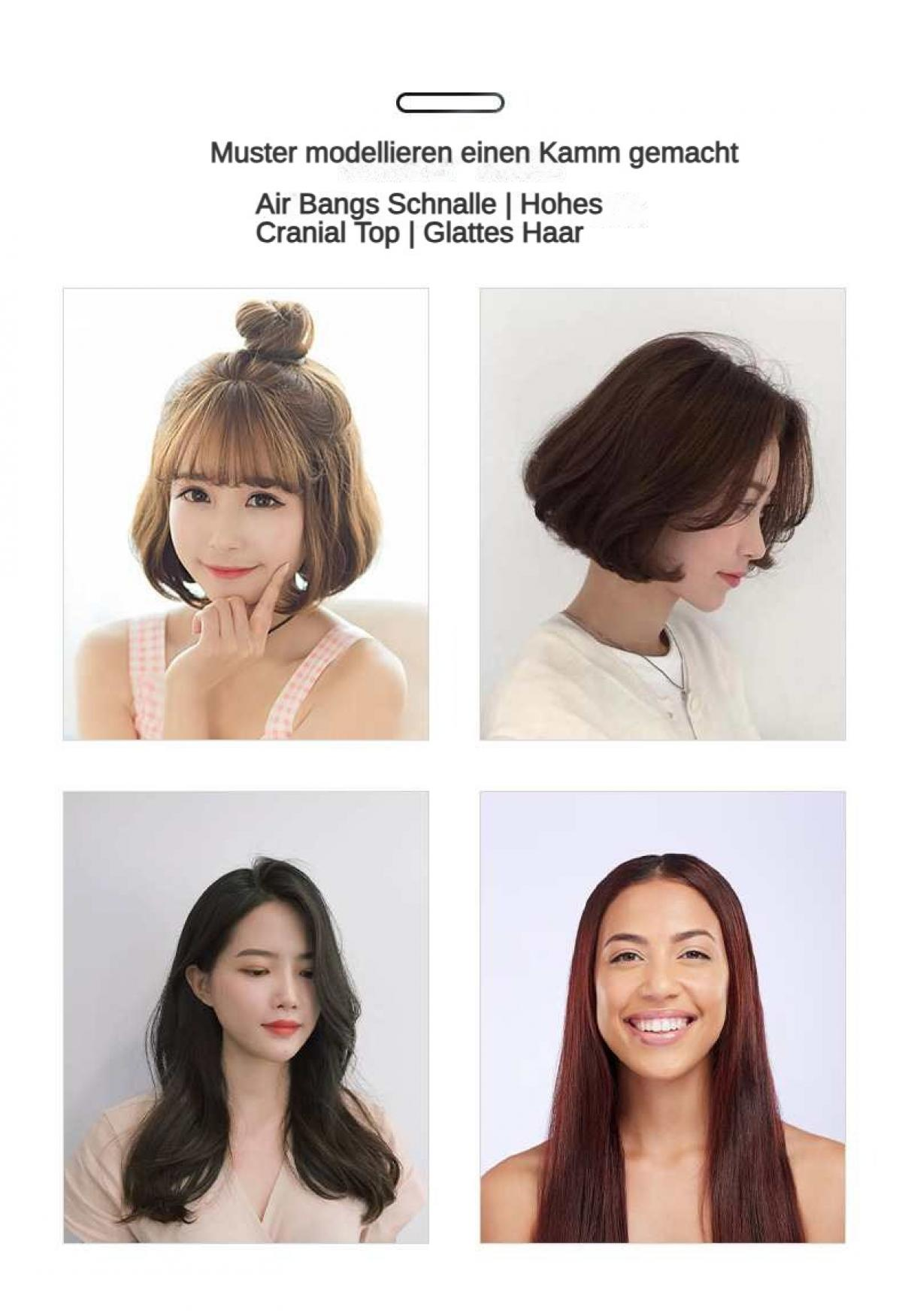 Vier Frauen mit verschiedenen Frisuren: Dutt, Bob, lange Wellen, lange glatte Haare.