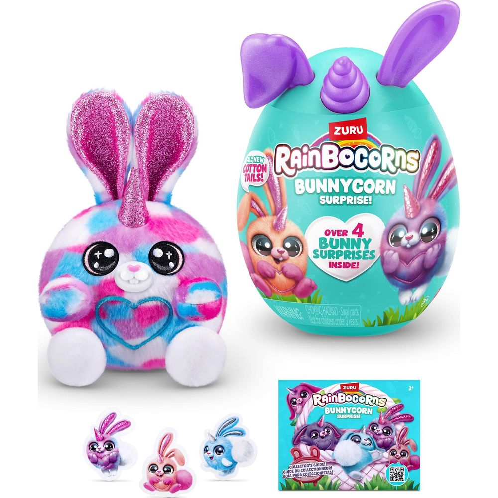 Un coniglio unicorno di peluche e una confezione di uovo sorpresa.