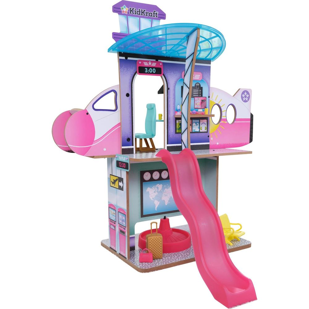 Un bâtiment d'aéroport jouet avion rose et violet avec toboggan et bagages.