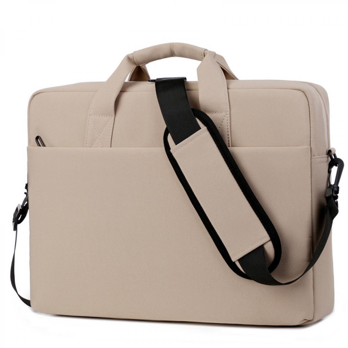 Eine beige Laptoptasche mit schwarzem Gurt und Griff.