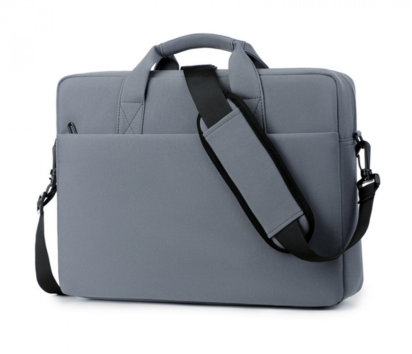 Graue Laptoptasche mit Tragegriff und Schultergurt.