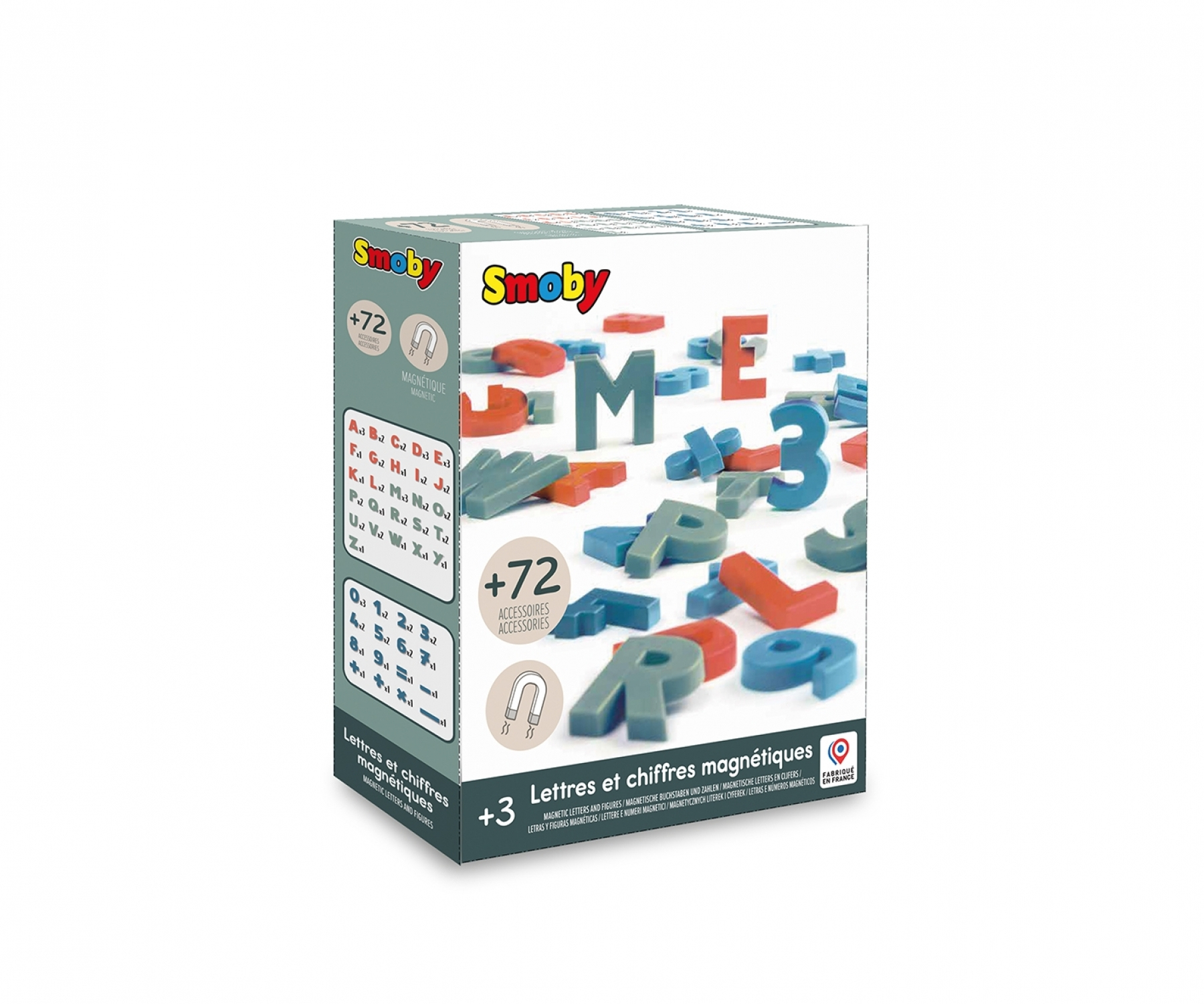 Verpackung mit magnetischen Buchstaben und Zahlen in Rot, Blau und Grün.