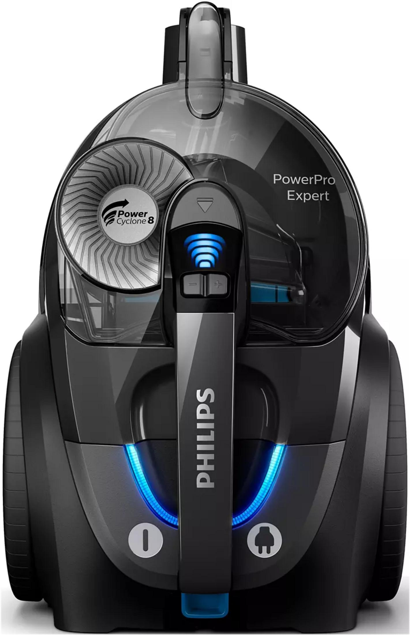 Aspirateur Philips noir avec éclairage bleu. Logo "Power Cyclone 8".