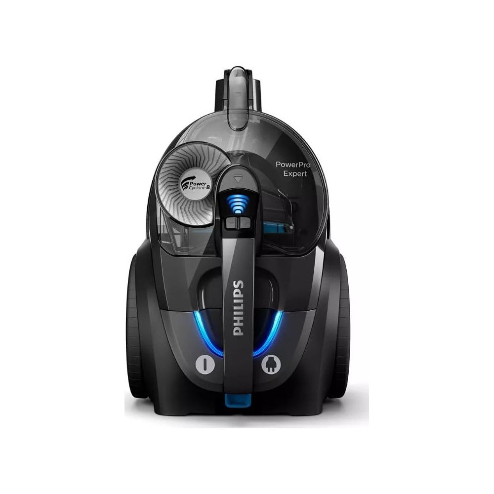 Un aspirateur Philips noir avec des lumières bleues et un bac à poussière visible.