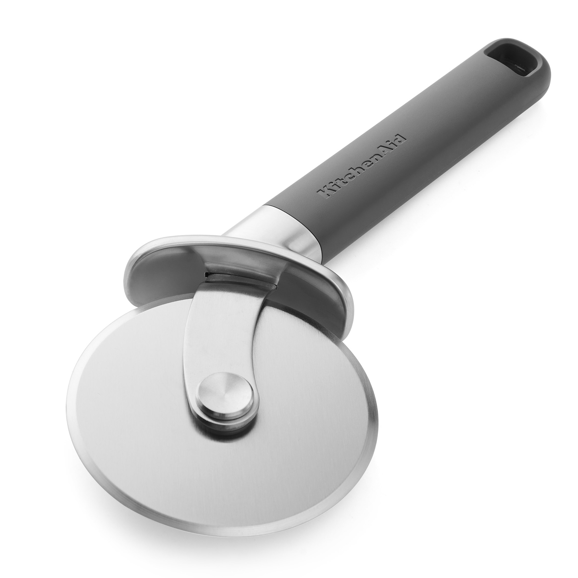 Grauer Griff mit KitchenAid-Logo und einem scharfen Rad aus Edelstahl.