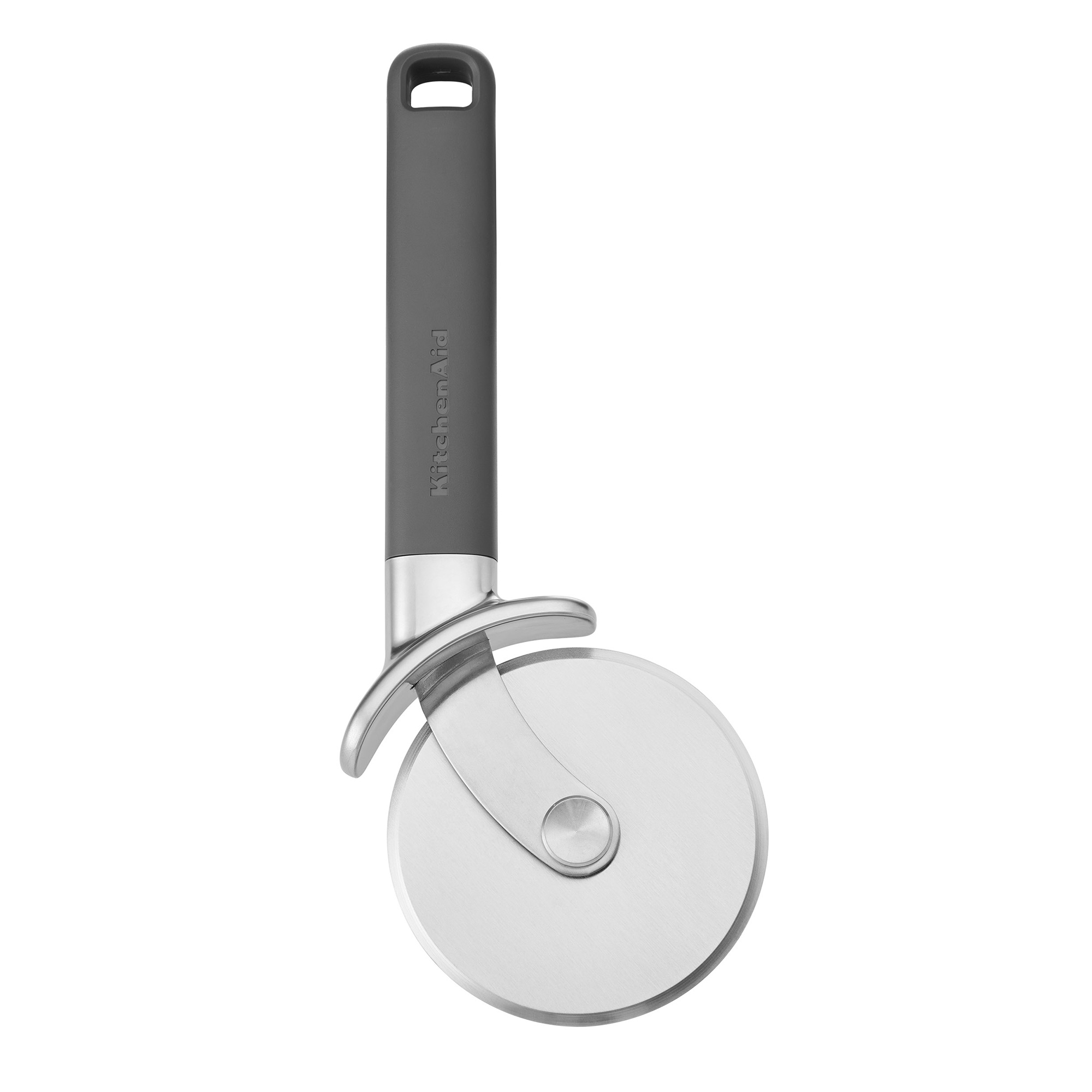 Grauer Pizzaschneider mit Metallrad und Aufhängeöse.