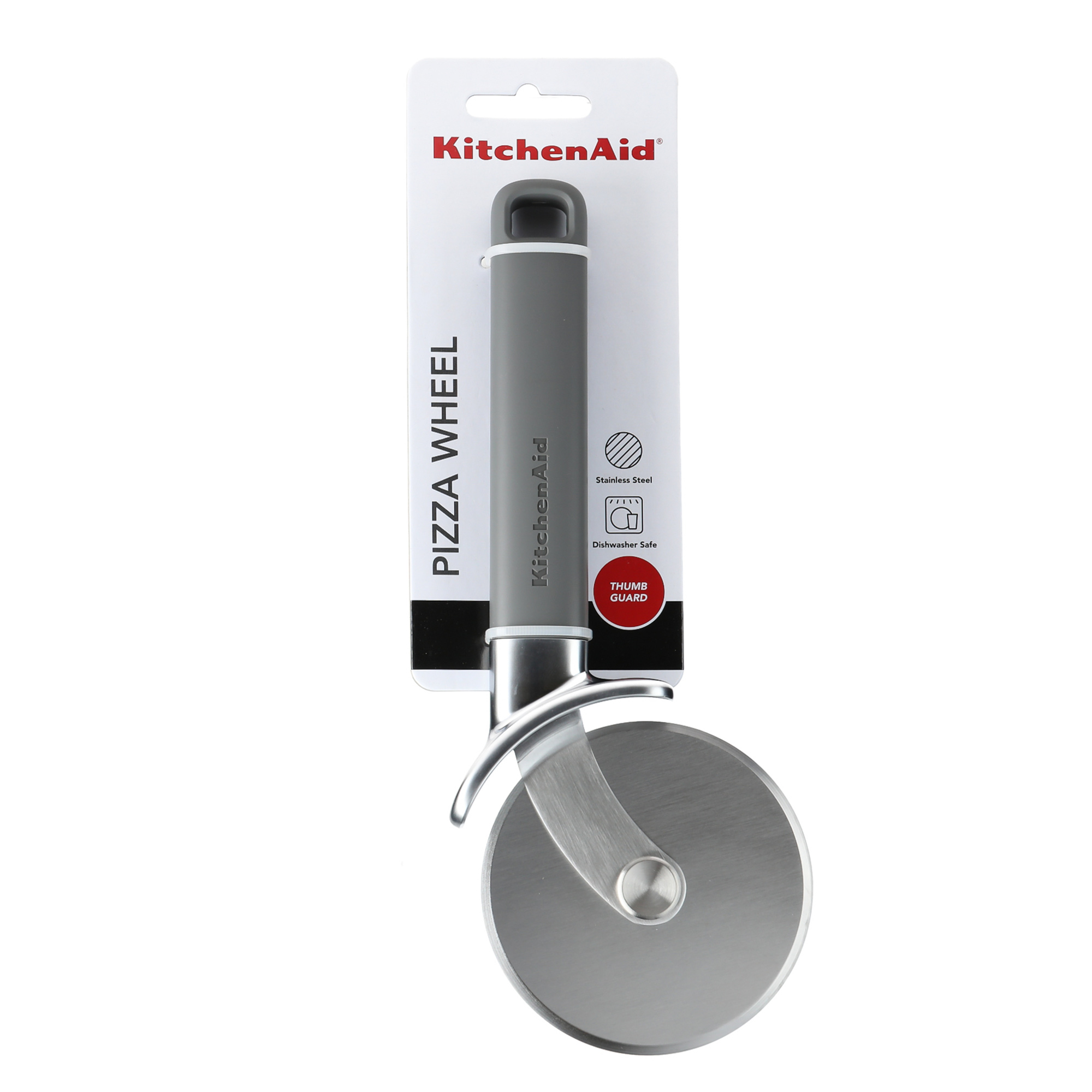Grauer KitchenAid Pizzaschneider mit silberner Klinge und Griff.