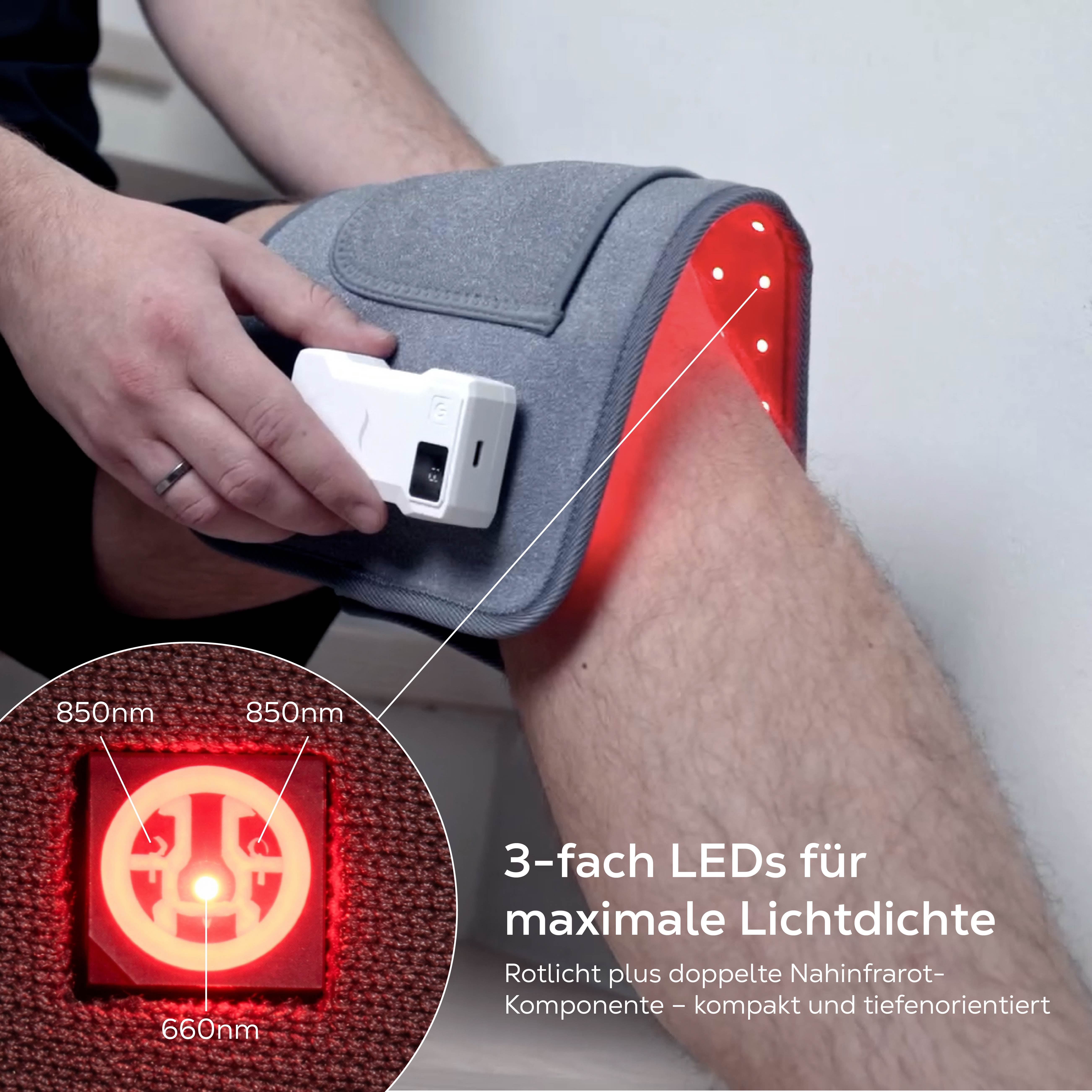 Ein Knie mit Rotlicht-Therapiegerät. Nahaufnahme zeigt LEDs.