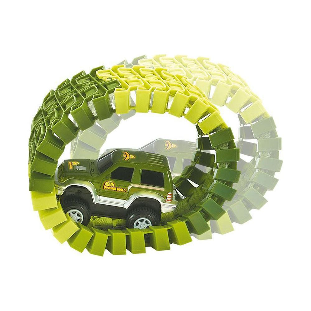 Ein grünes Spielzeugauto mit "Dinosaur World"-Aufschrift fährt auf einer gebogenen, grünen Schiene.