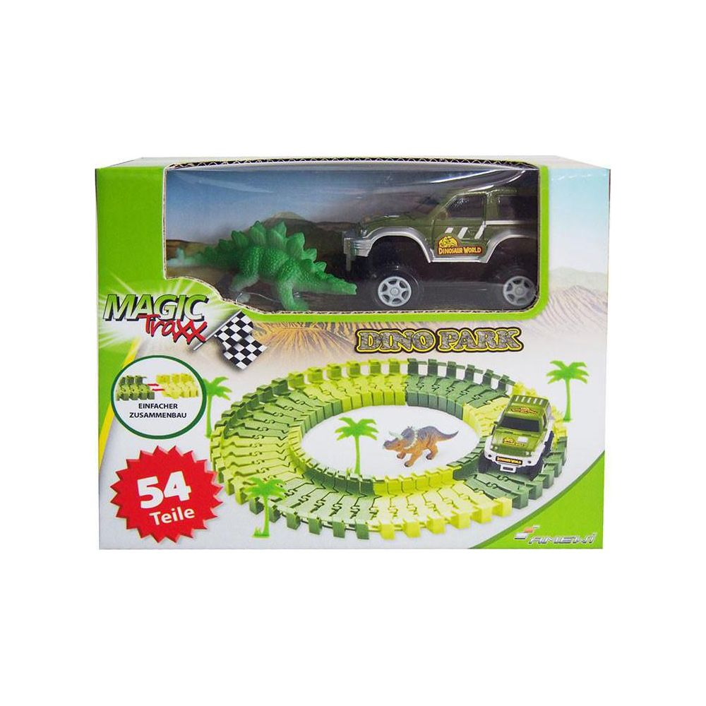 Spielzeugauto-Set mit Dinosauriern und Rennstrecke, inklusive 54 Teilen.