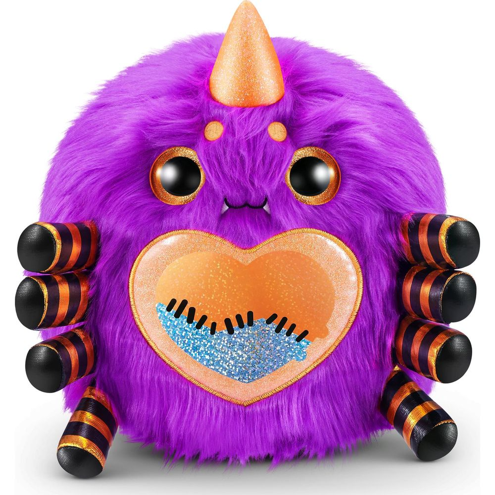 Ein flauschiges, lila Monster mit orangefarbenem Horn, großen Augen und gestreiften Armen.