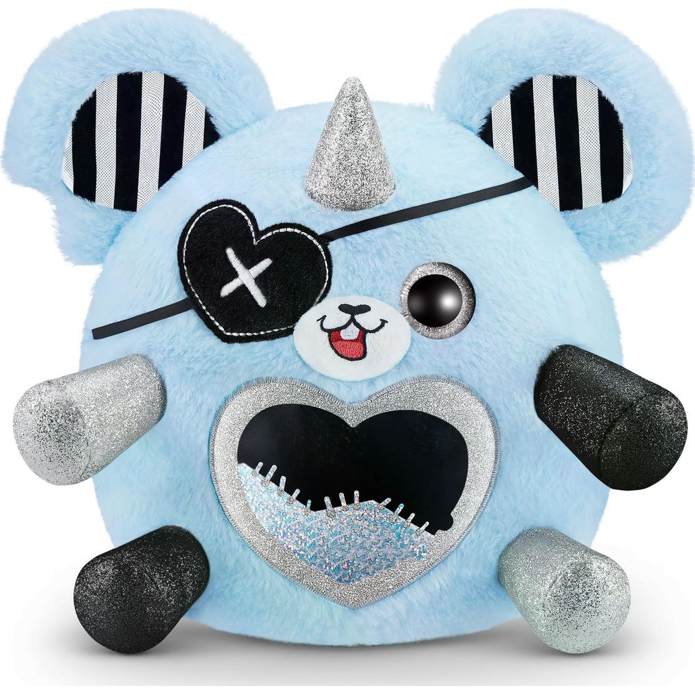 Ein hellblauer Teddybär mit einem Horn, Augenklappe und Glitzer-Akzenten.