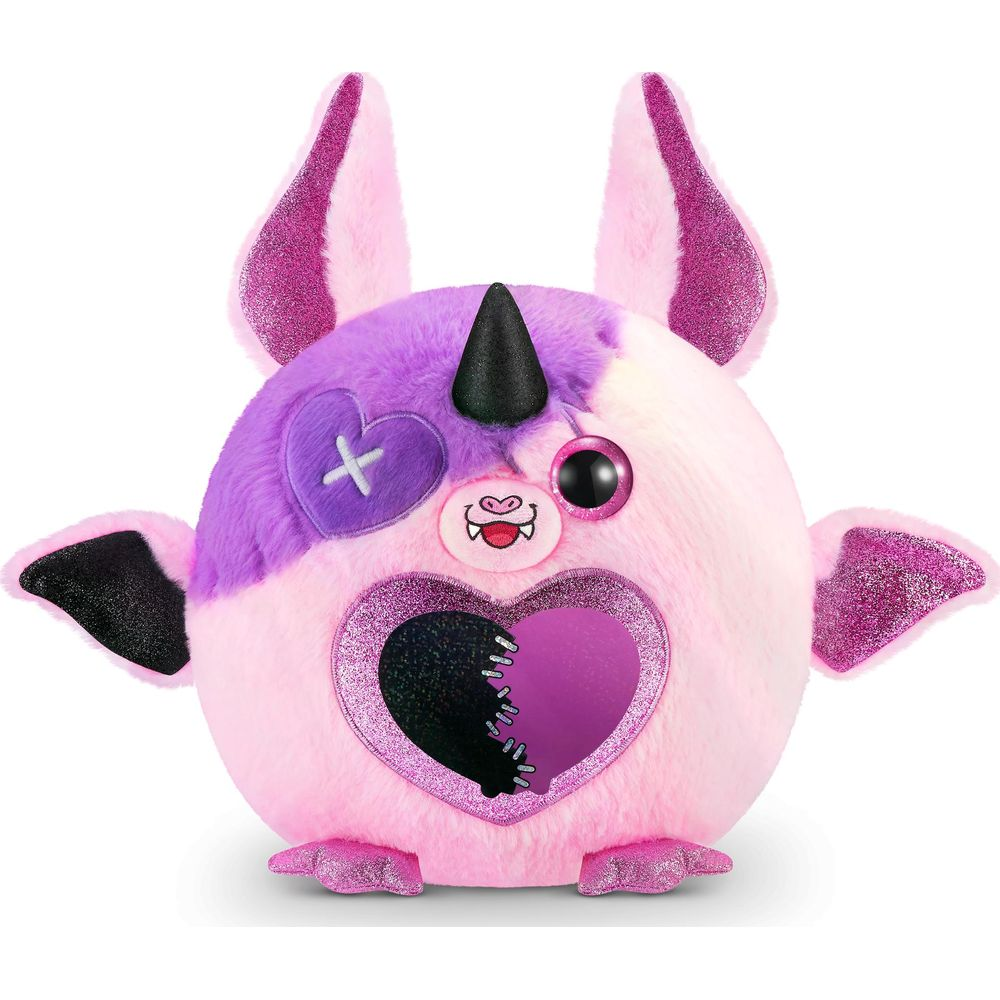 Ein flauschiges, rundes Spielzeug in Rosa und Lila mit Flügeln, Hörnern und Herzen.
