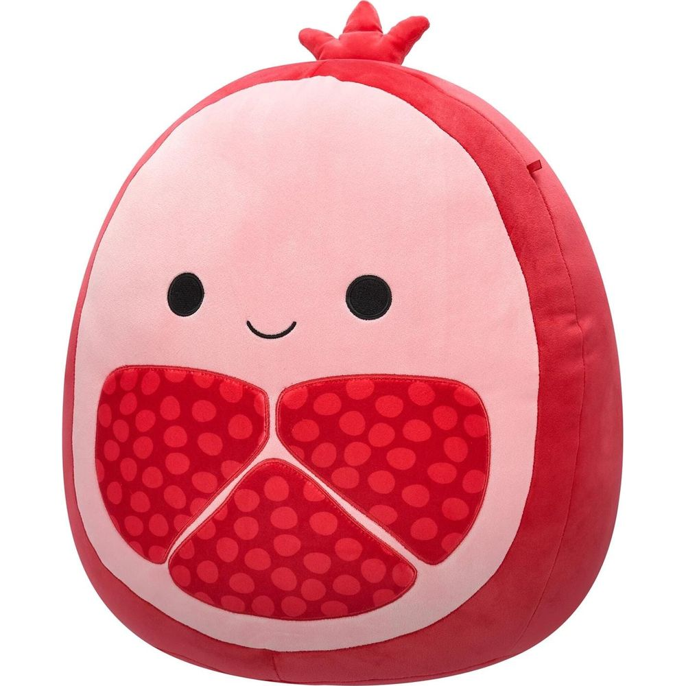 Une peluche rouge et rose pâle en forme de grenade avec un visage.