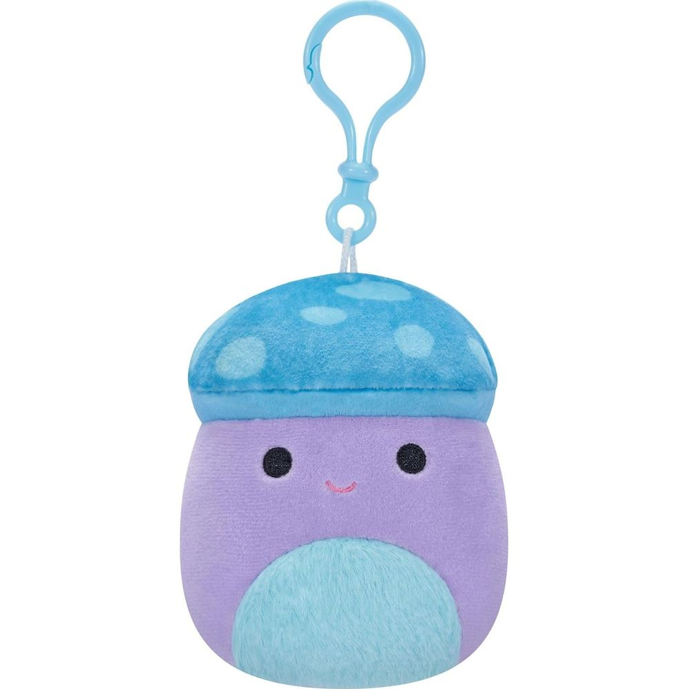 Une peluche champignon violette tachetée de bleu avec un clip.