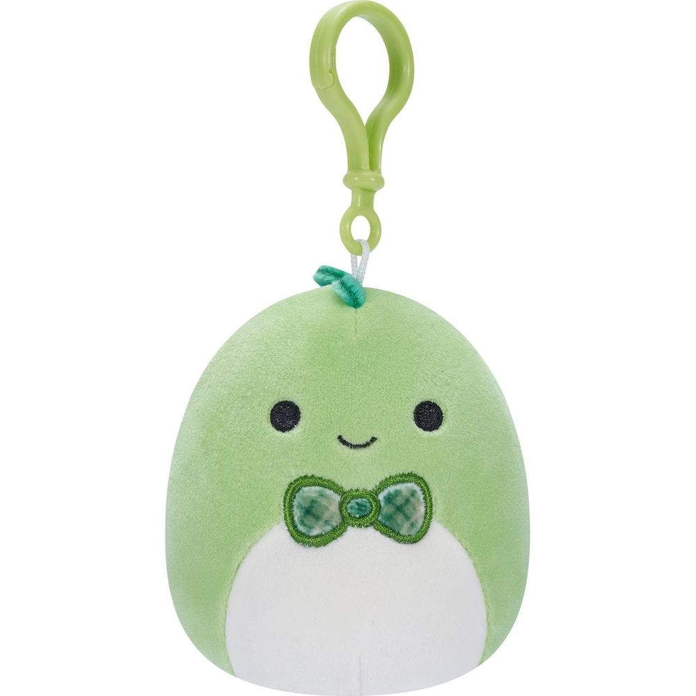Peluche vert clair avec clip et nœud papillon.