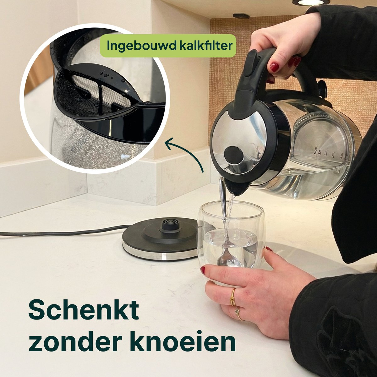 A hand pours water from a kettle into a glass. A limescale filter is visible.