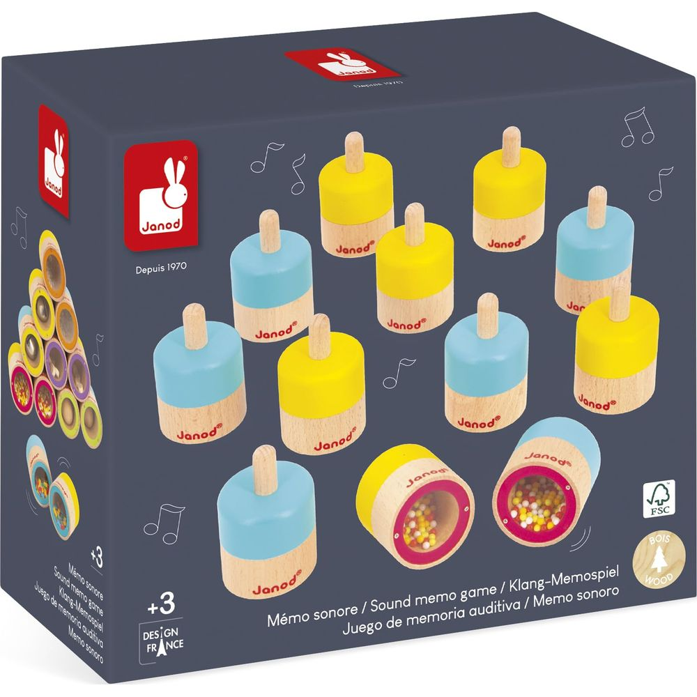 Gioco memo sonoro Janod con cilindri in legno gialli e blu e note musicali.