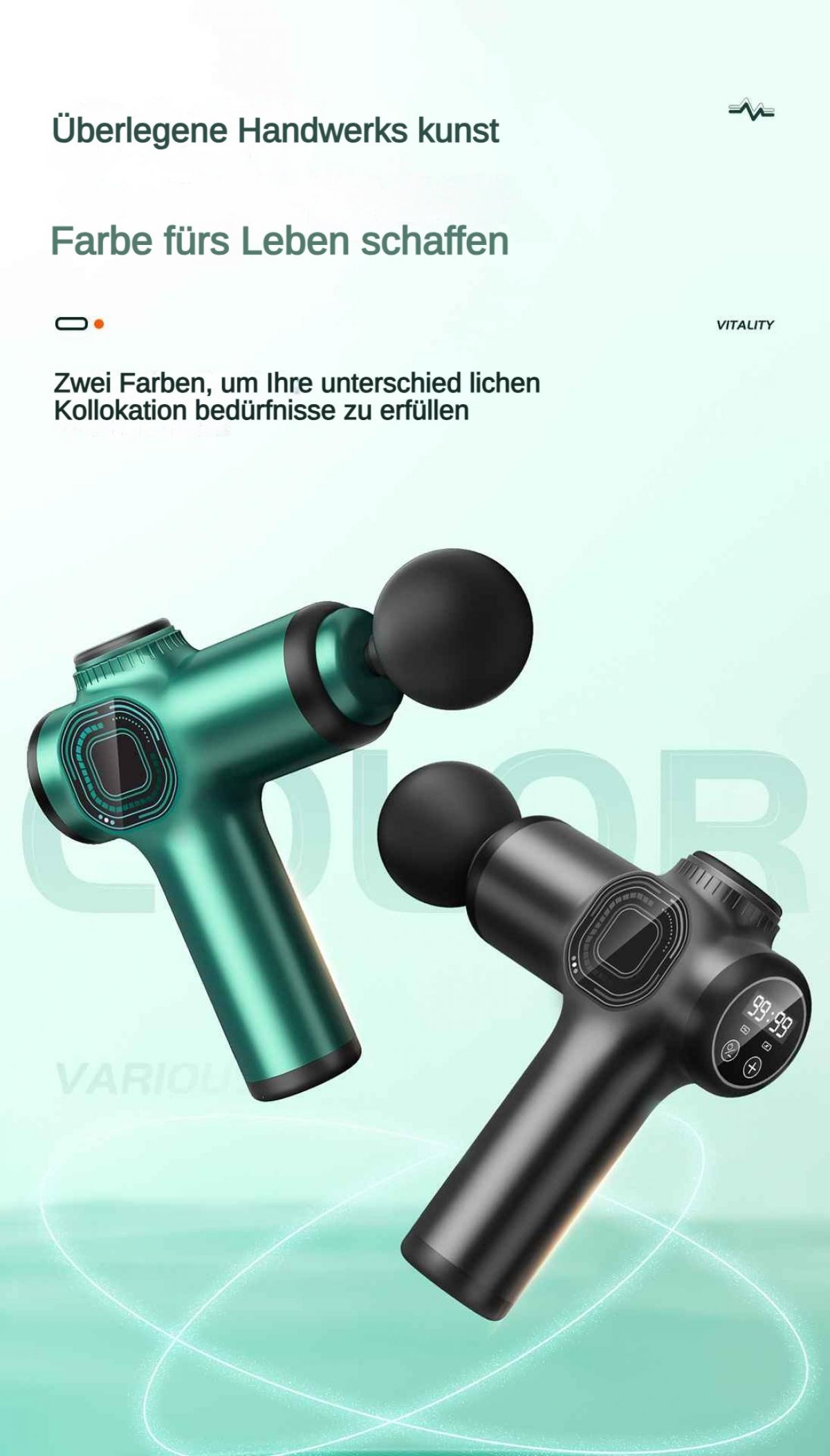 Zwei Massagepistolen, eine grüne und eine schwarze, mit Displays.