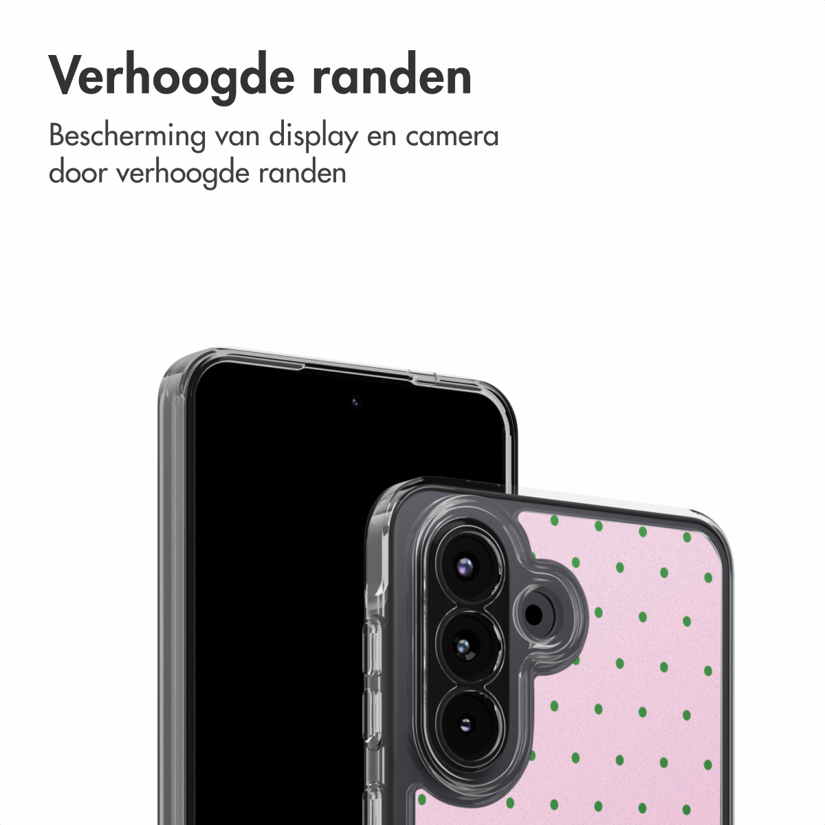 Una cover trasparente con pois rosa su un telefono.
