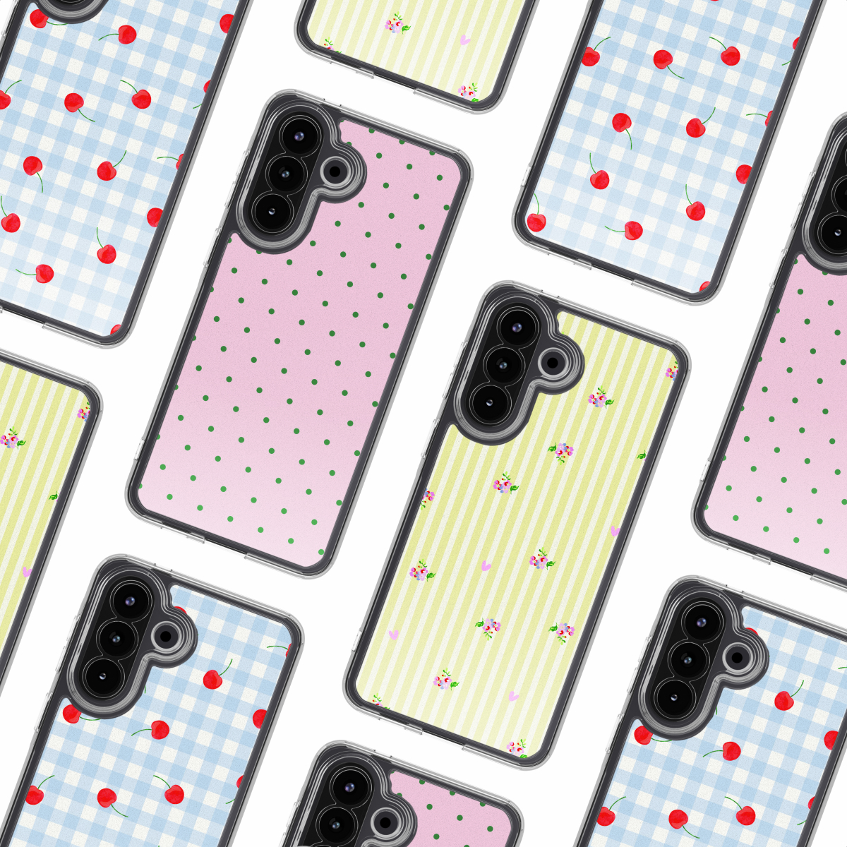 Diverse cover per telefono con fantasie: ciliegie su quadretti blu, rosa a pois, righe gialle con fiori.