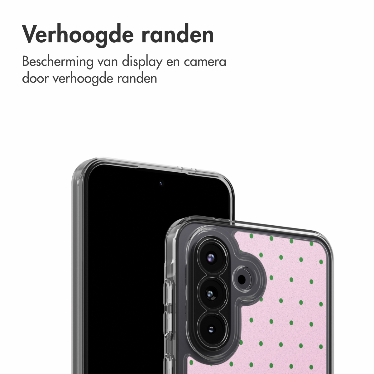 Una cover rosa per telefono con pois verdi e foro fotocamera.