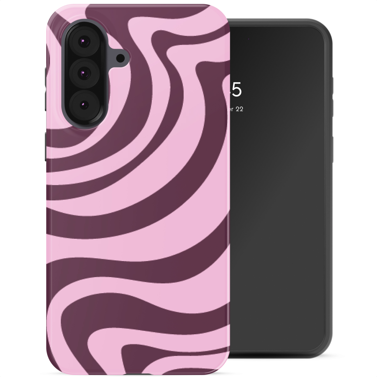 Un téléphone avec un étui violet à motif tourbillon à côté d'un téléphone noir.