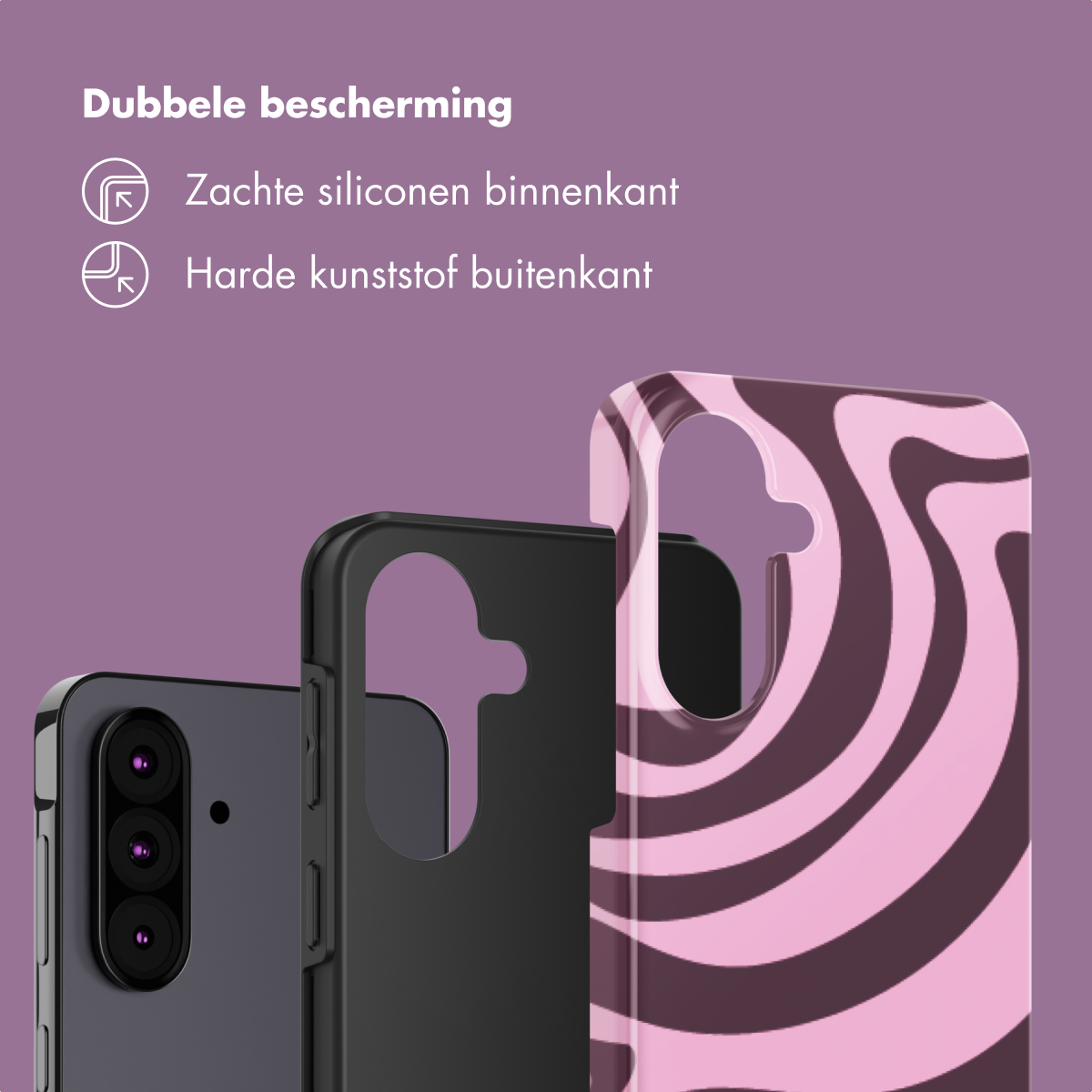 Trois coques de téléphone sur fond violet. Deux noires, une à motif rose.