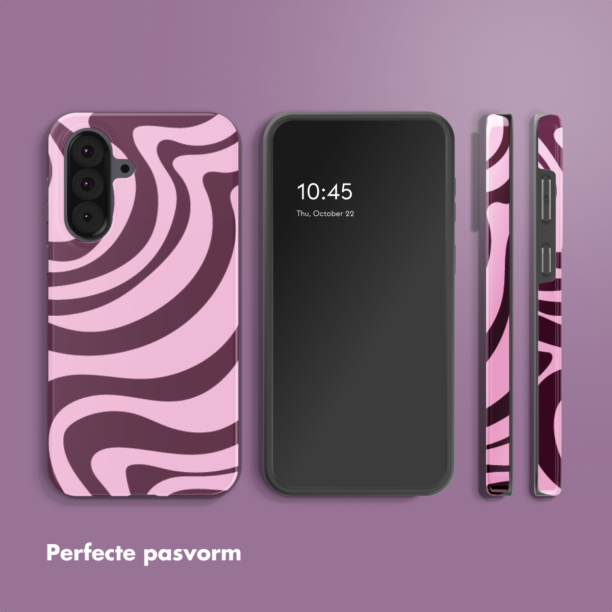Un smartphone avec une coque à tourbillons roses et violets. Trois vues présentées.