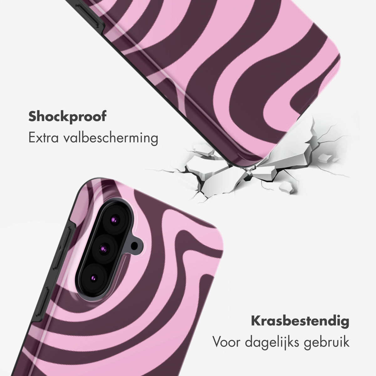 Coque de téléphone rose et marron à motif ondulé, antichoc et résistante aux rayures.