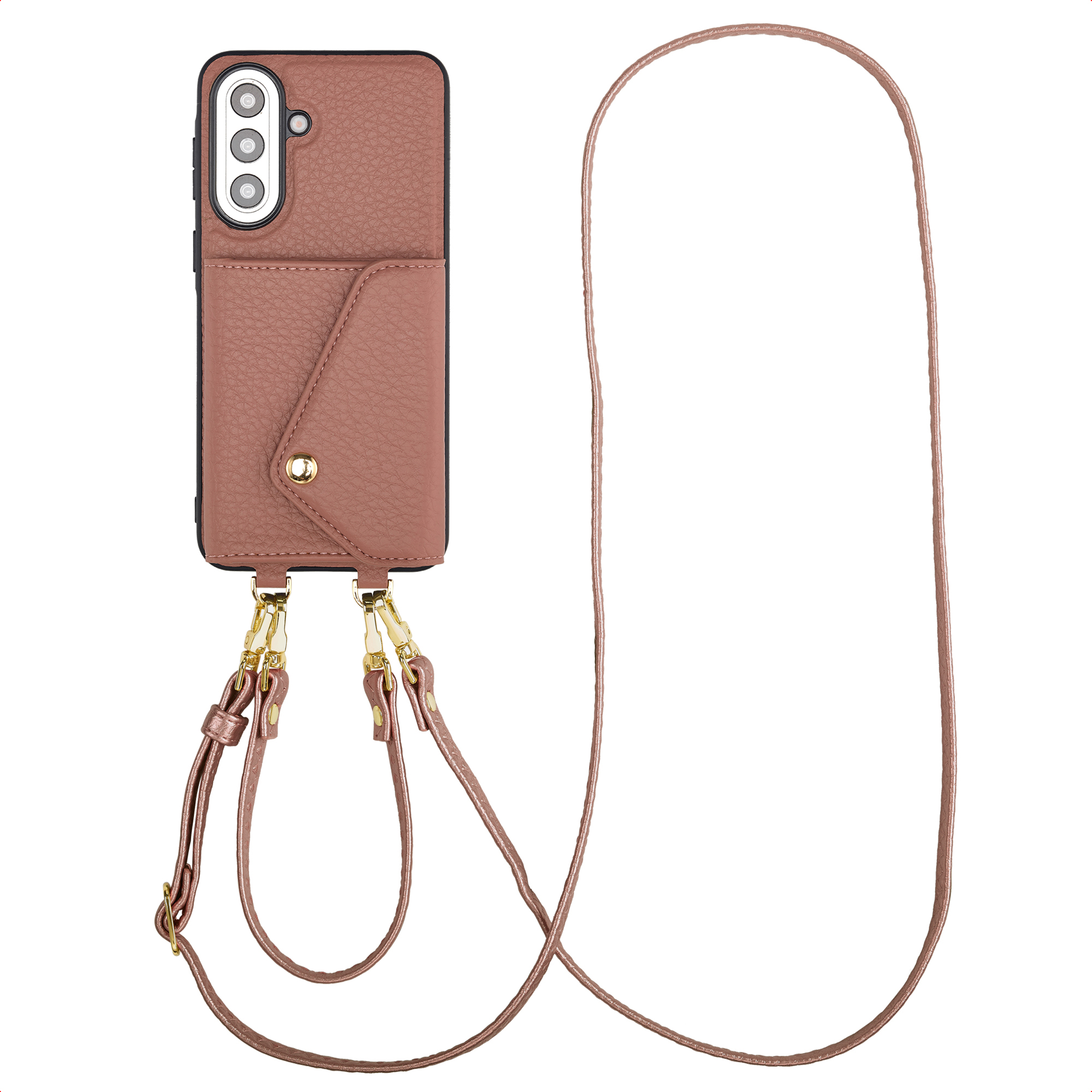 Coque de téléphone marron avec porte-monnaie et lanière longue.