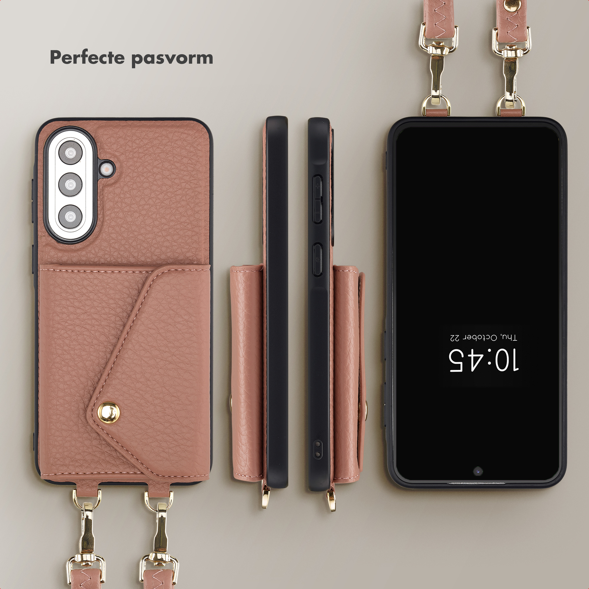 Une coque de téléphone rose avec poche et dragonne, à côté du téléphone.
