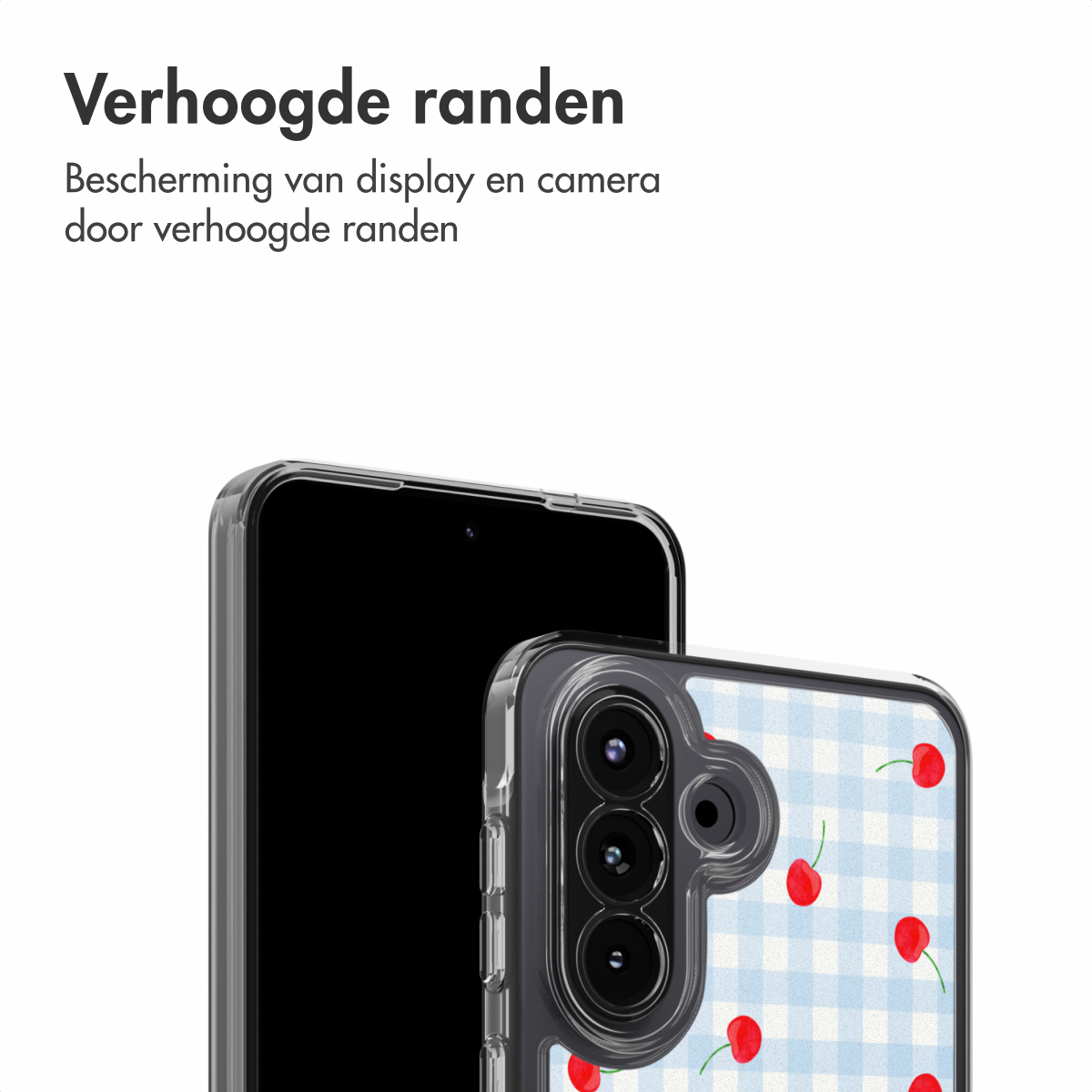 Uno smartphone con cover trasparente a fantasia di ciliegie.