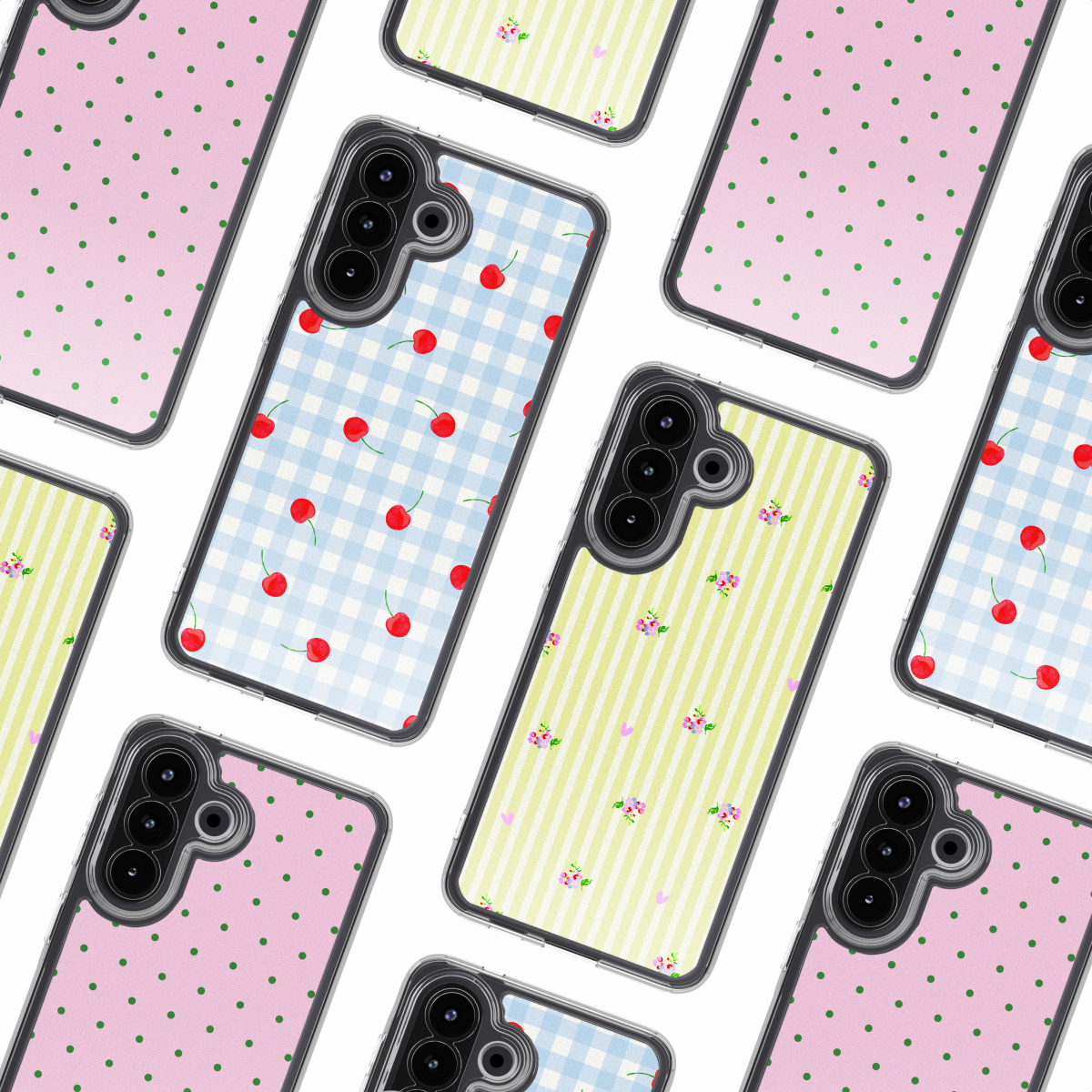 Varie custodie per telefono con fantasie: ciliegie, pois, righe e fiori.