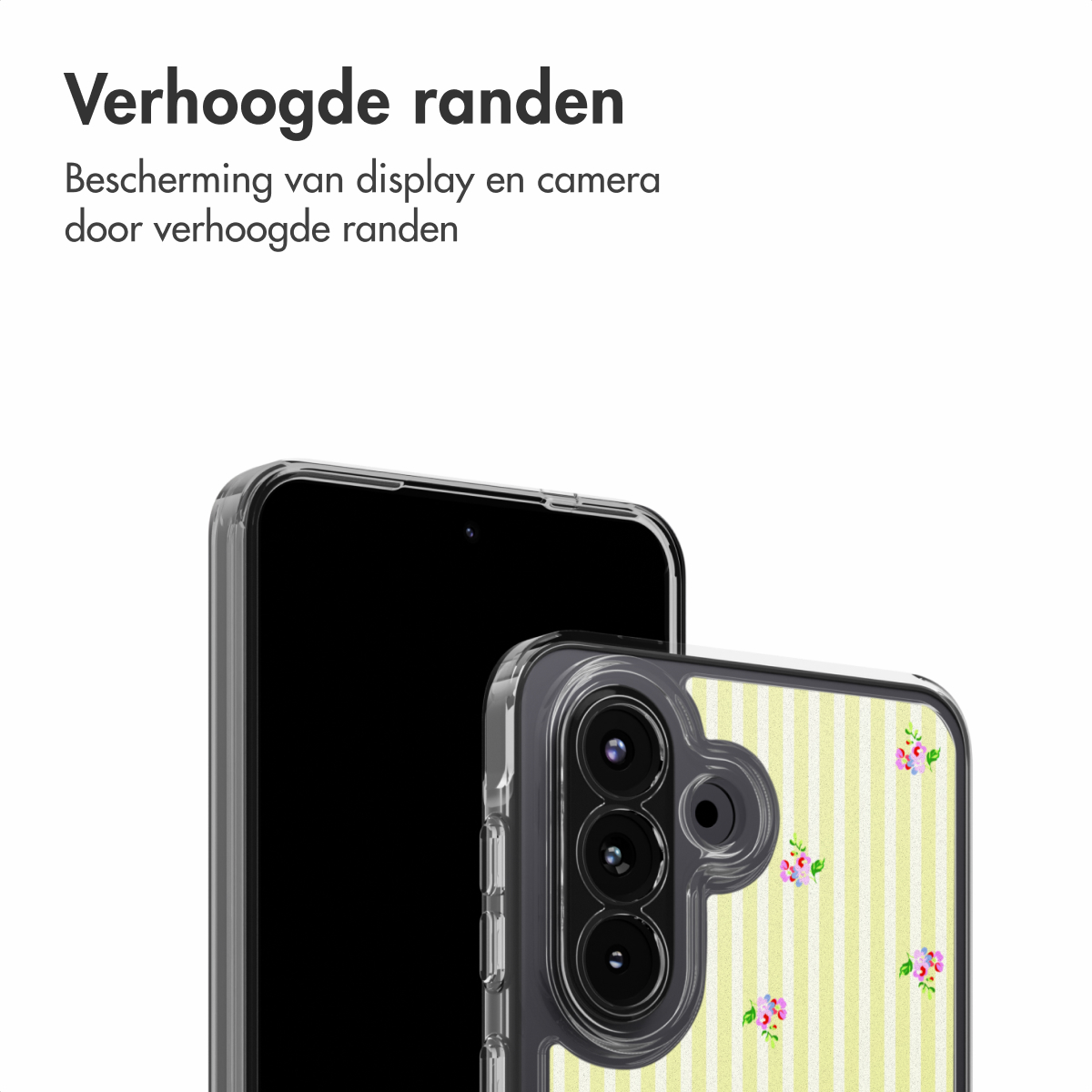 Uno smartphone con una custodia a righe verticali e fiori.