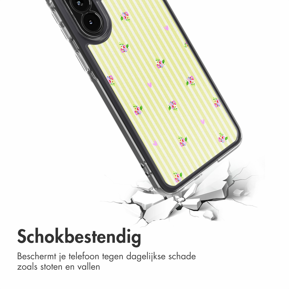 Sfondo a righe gialle con motivo floreale, cover per telefono su terreno incrinato.