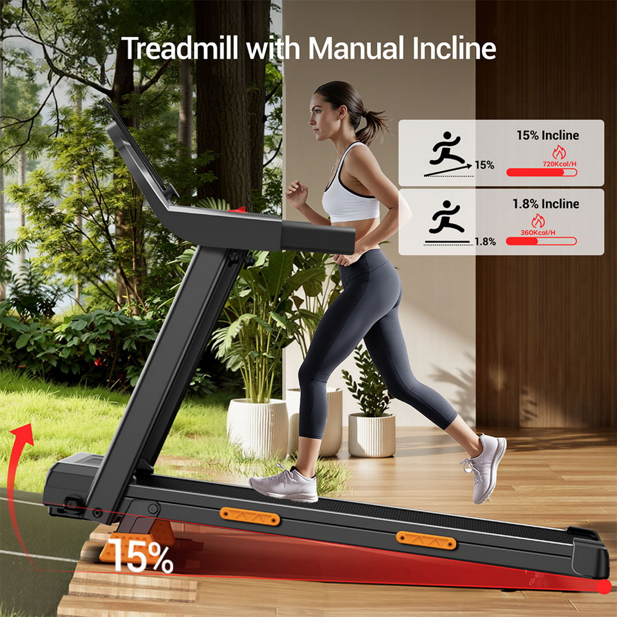 Eine Frau läuft auf einem Laufband mit manueller Neigungseinstellung.