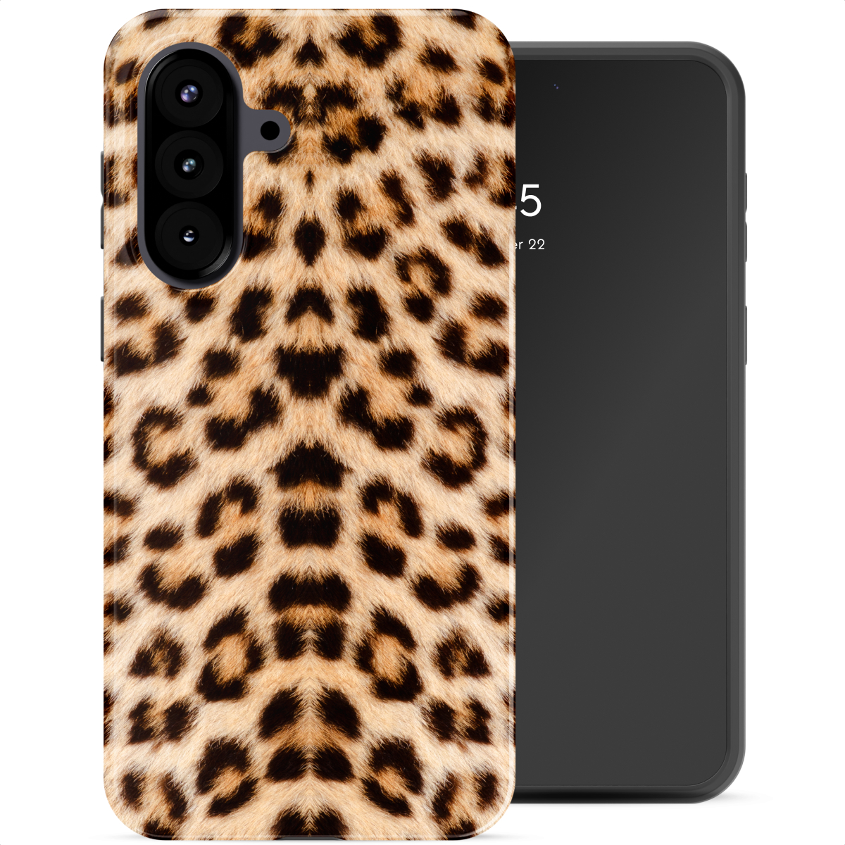 Telefoonhoesje met luipaardprint naast een zwarte smartphone.