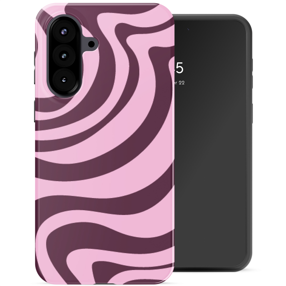 Een roze telefoonhoesje met donkere wervelingen naast een zwarte smartphone.