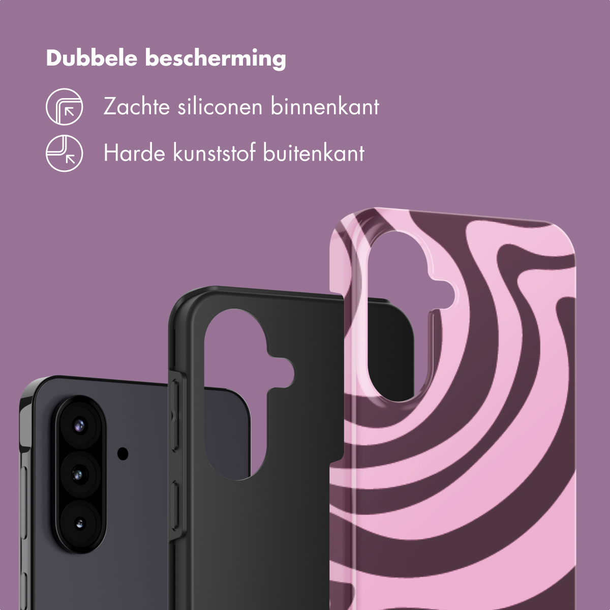 Drie telefoonhoesjes: een zwarte, een met roze/bruine swirl en een telefoon.