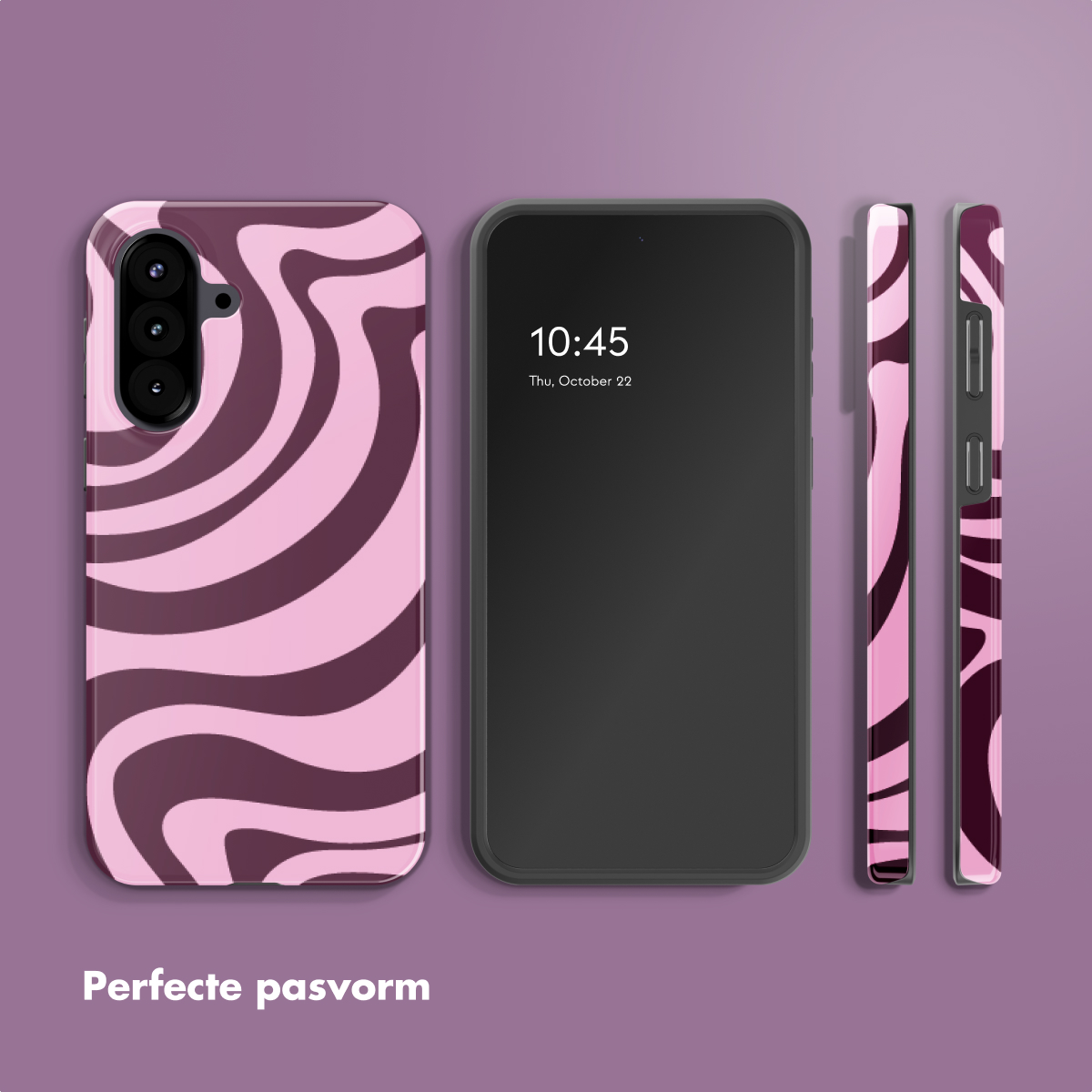 Een telefoonhoesje met een roze en bruin golvend patroon, naast een telefoon.