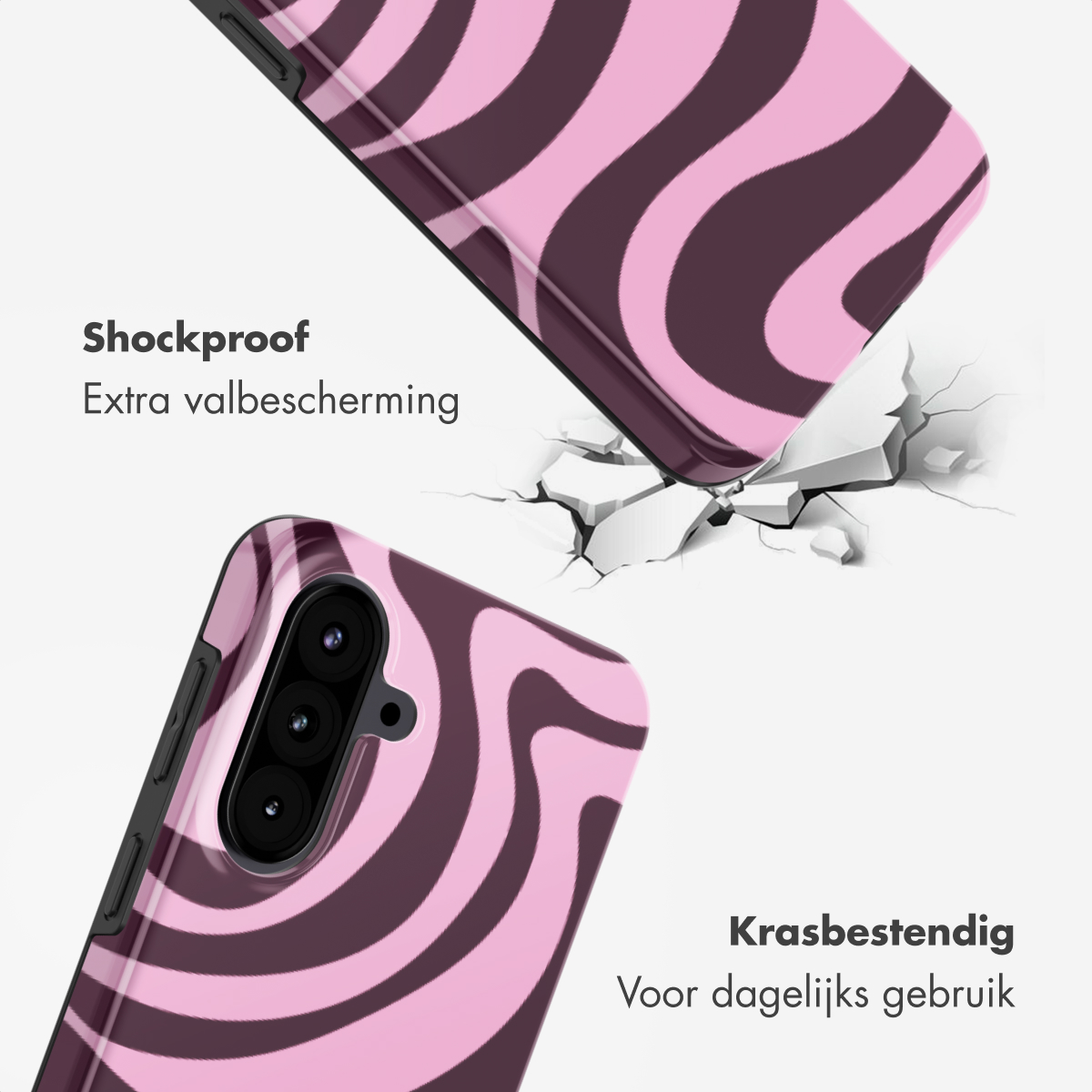 Telefoonhoes met roze en bruin wervelpatroon dat op gebarsten grond valt.