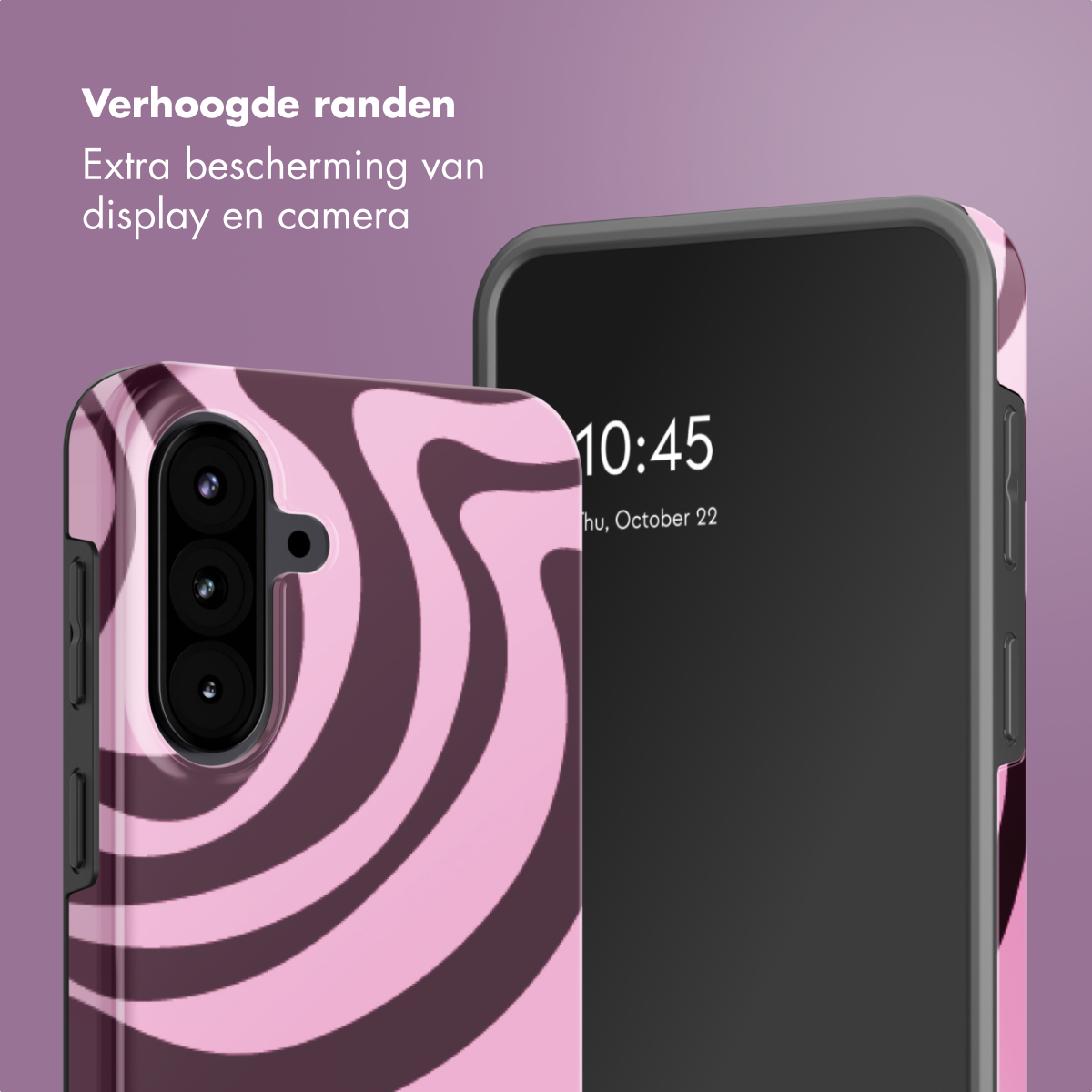 Roze telefoonhoesje met bruine wervelingen naast een smartphone.