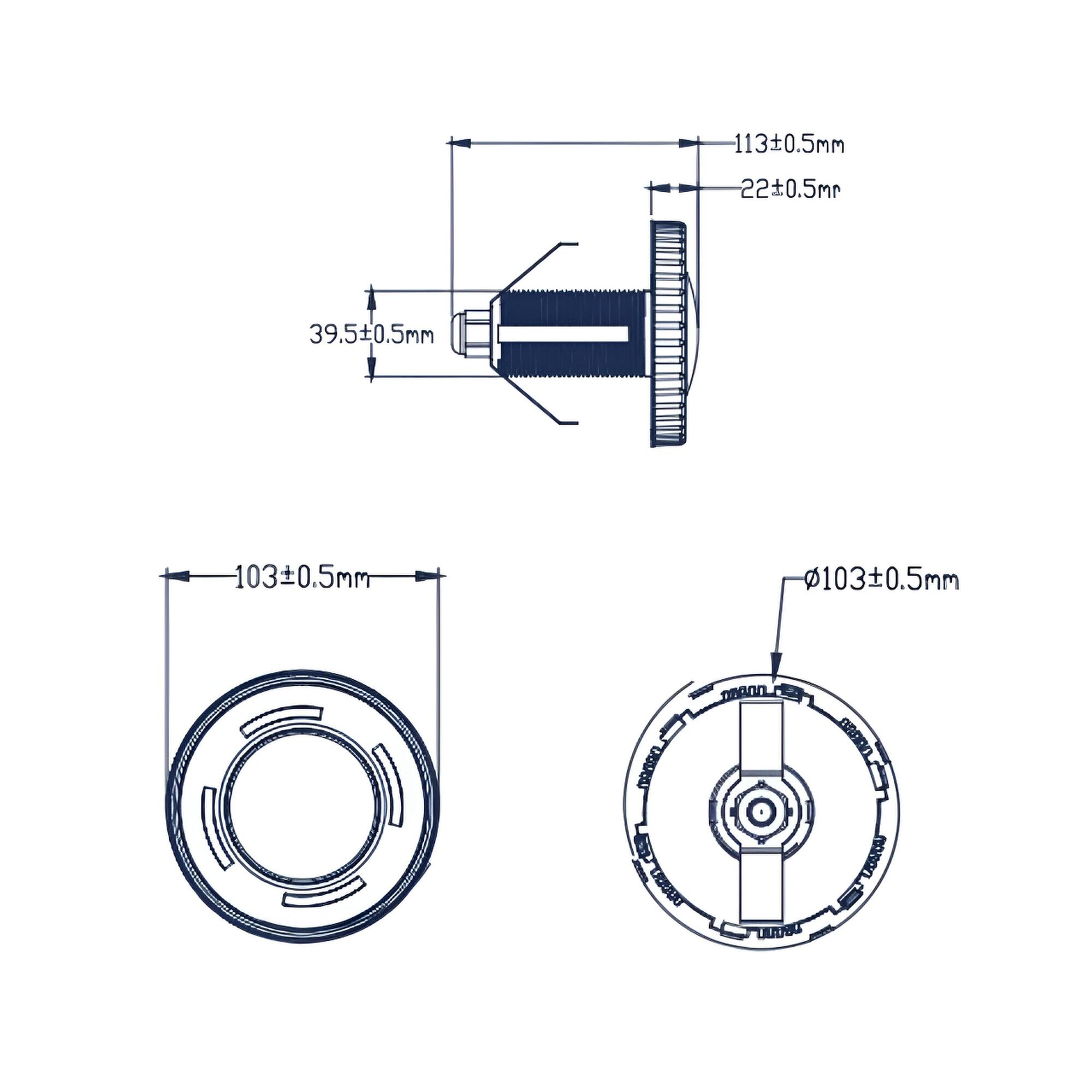 Dibujo técnico de un componente con dimensiones.