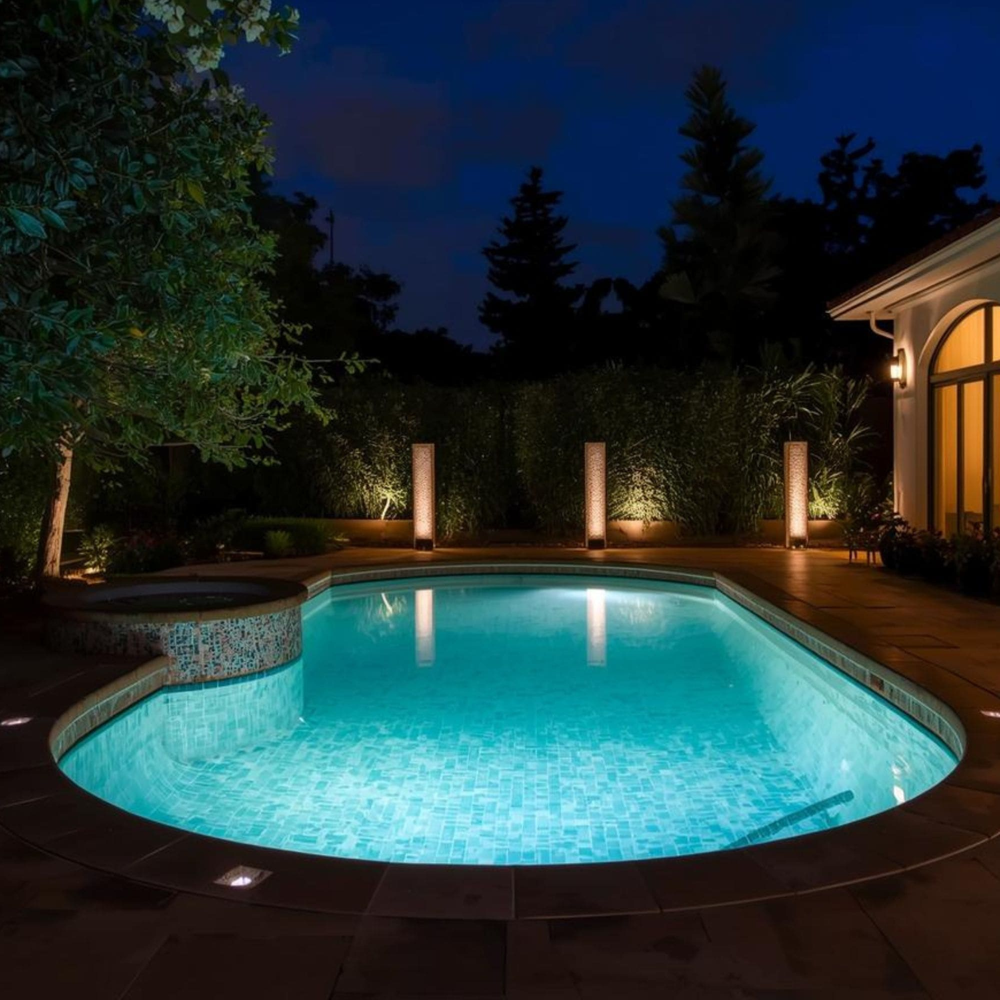 Una piscina iluminada por la noche, rodeada de árboles y un patio.