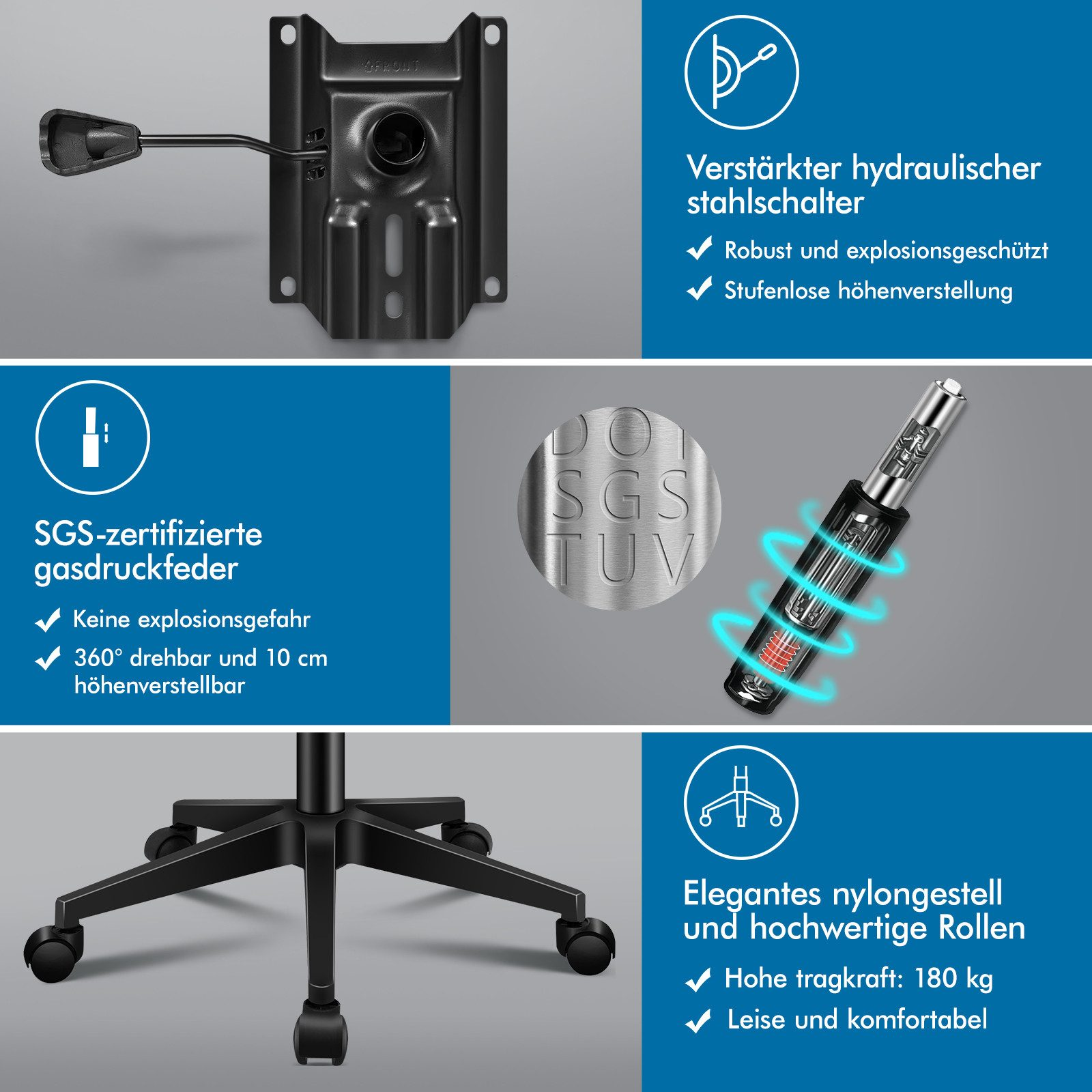 Bürostuhlkomponenten: Gasdruckfeder, Stahlmechanismus, Nylonfußkreuz mit Rollen.