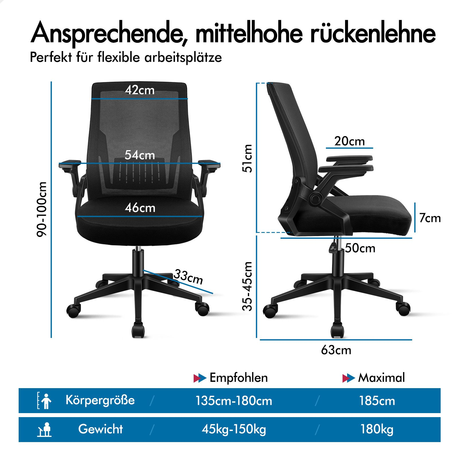 Ein schwarzer Bürostuhl mit Maßen für Rückenlehne, Sitz und Gesamtgröße.