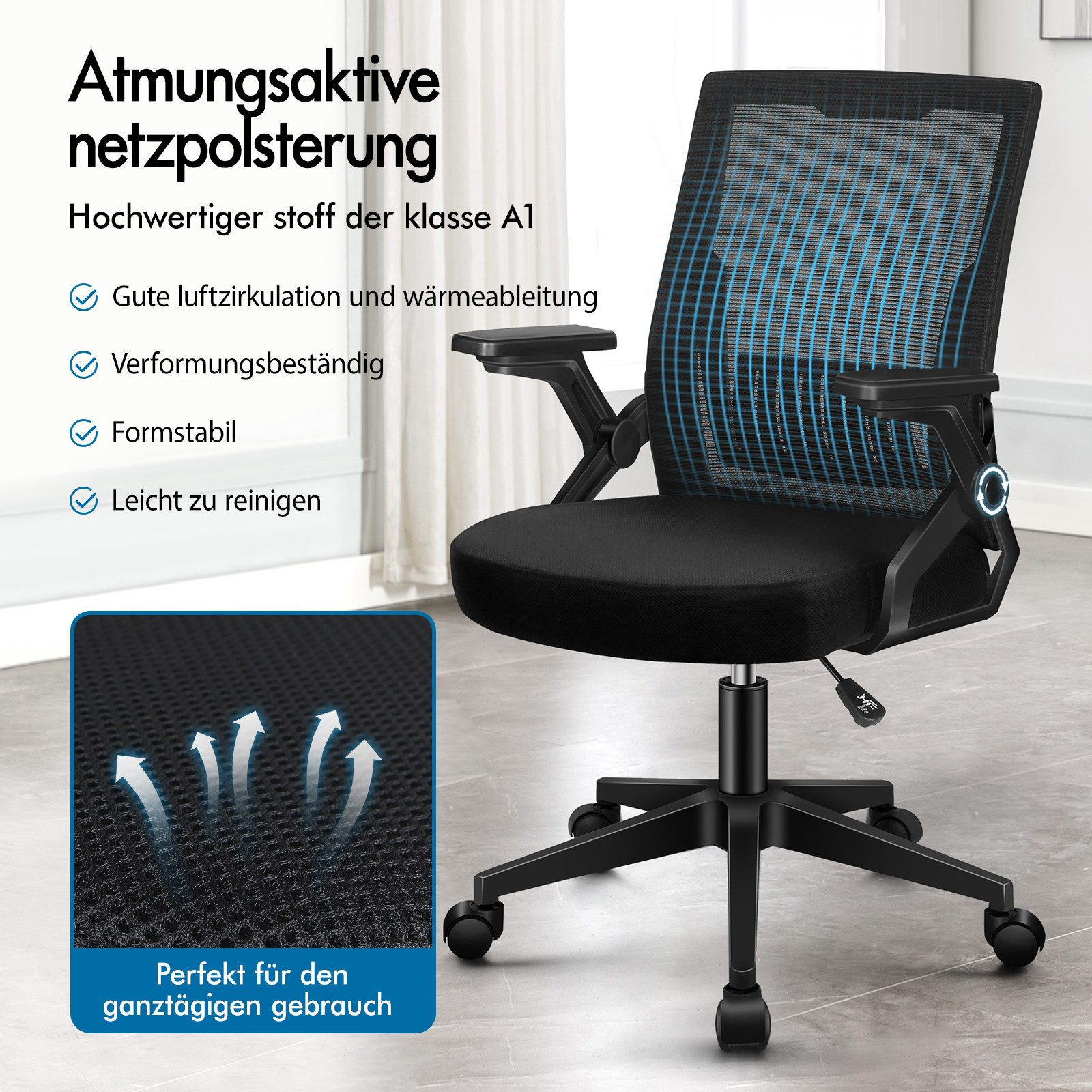Ein schwarzer Bürostuhl mit Netzrücken und Armlehnen, ideal für ganztägigen Gebrauch.