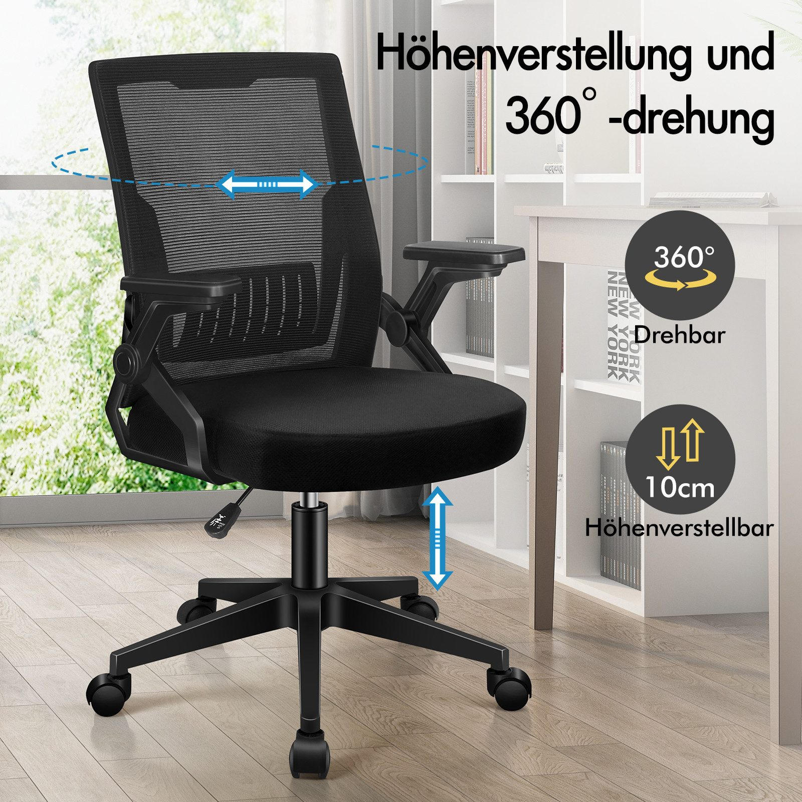 Schwarzer Bürostuhl mit 360 Grad Drehung und Höhenverstellung.