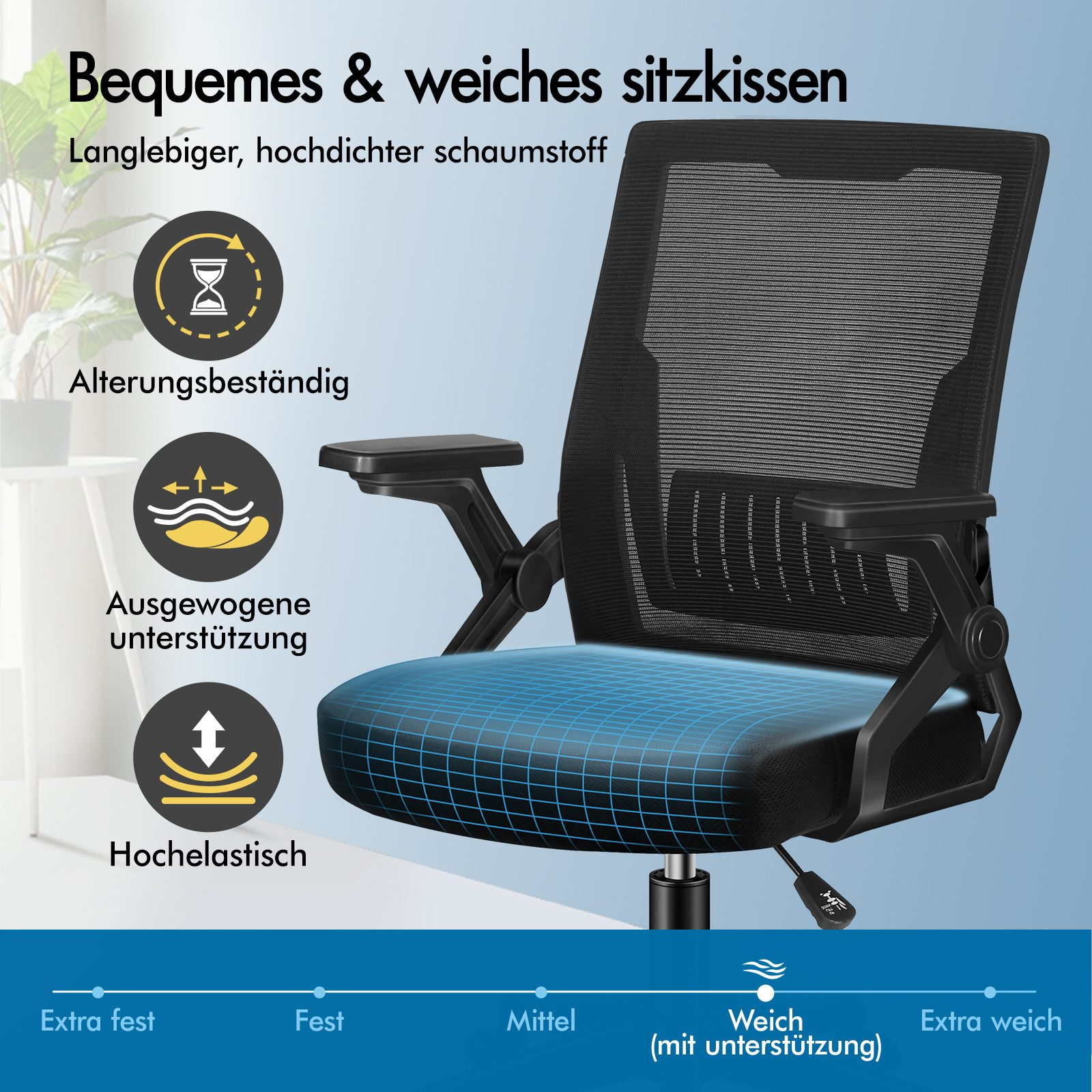 Schwarzer Bürostuhl mit Sitzkomfort-Grafiken: Alterungsbeständig, ausgewogen, elastisch.
